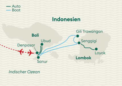 Reiseverlaufskarte Indonesien Bali Gili Lombok Inselhüpfen Privatreise